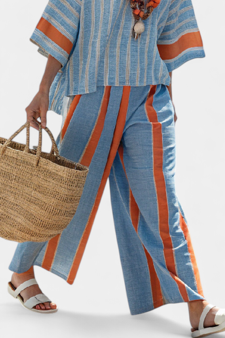 Women's Velmere Terracotta Striped Top & Linen Pants - Breezy Set