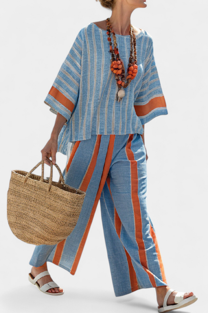Women's Velmere Terracotta Striped Top & Linen Pants - Breezy Set