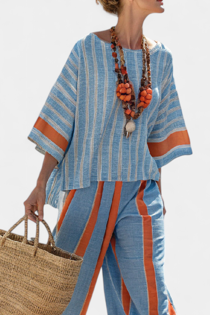 Women's Velmere Terracotta Striped Top & Linen Pants - Breezy Set