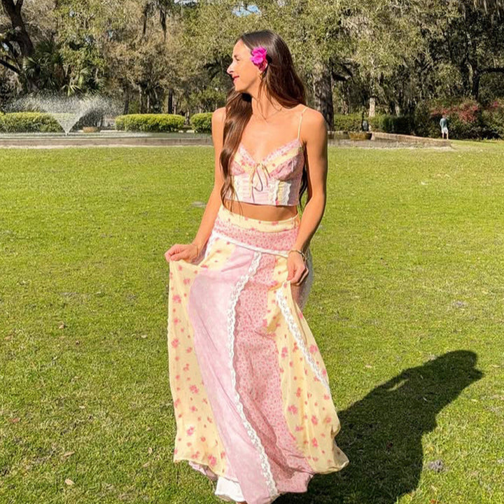 Floral Print Lace Cami Top and Midi Skirt Set Pastoral Vacation Outfit Spring Summer 2026