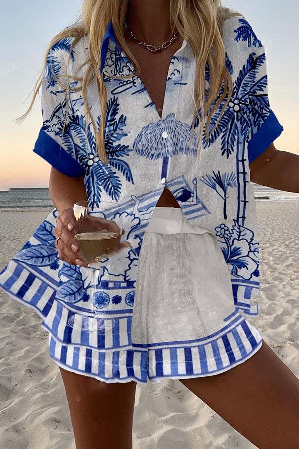 Women's Linen Palm Print Short Set - Breezy Island Vibes