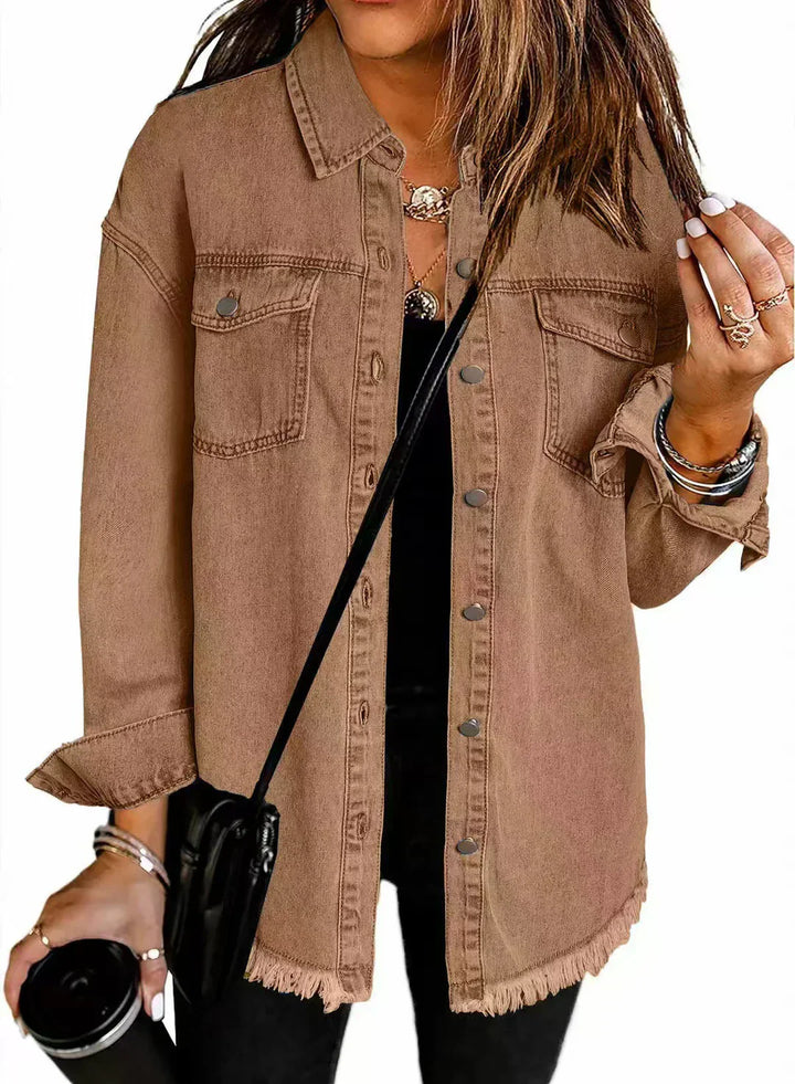 Women's Frayed Hem Button-Down Shirt Jacket - Versatile Layering