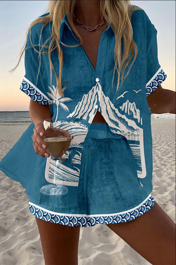 Women's Linen Mount Fuji Print Short Set - Relaxing Everyday Style