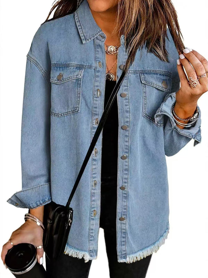 Women's Frayed Hem Button-Down Shirt Jacket - Versatile Layering