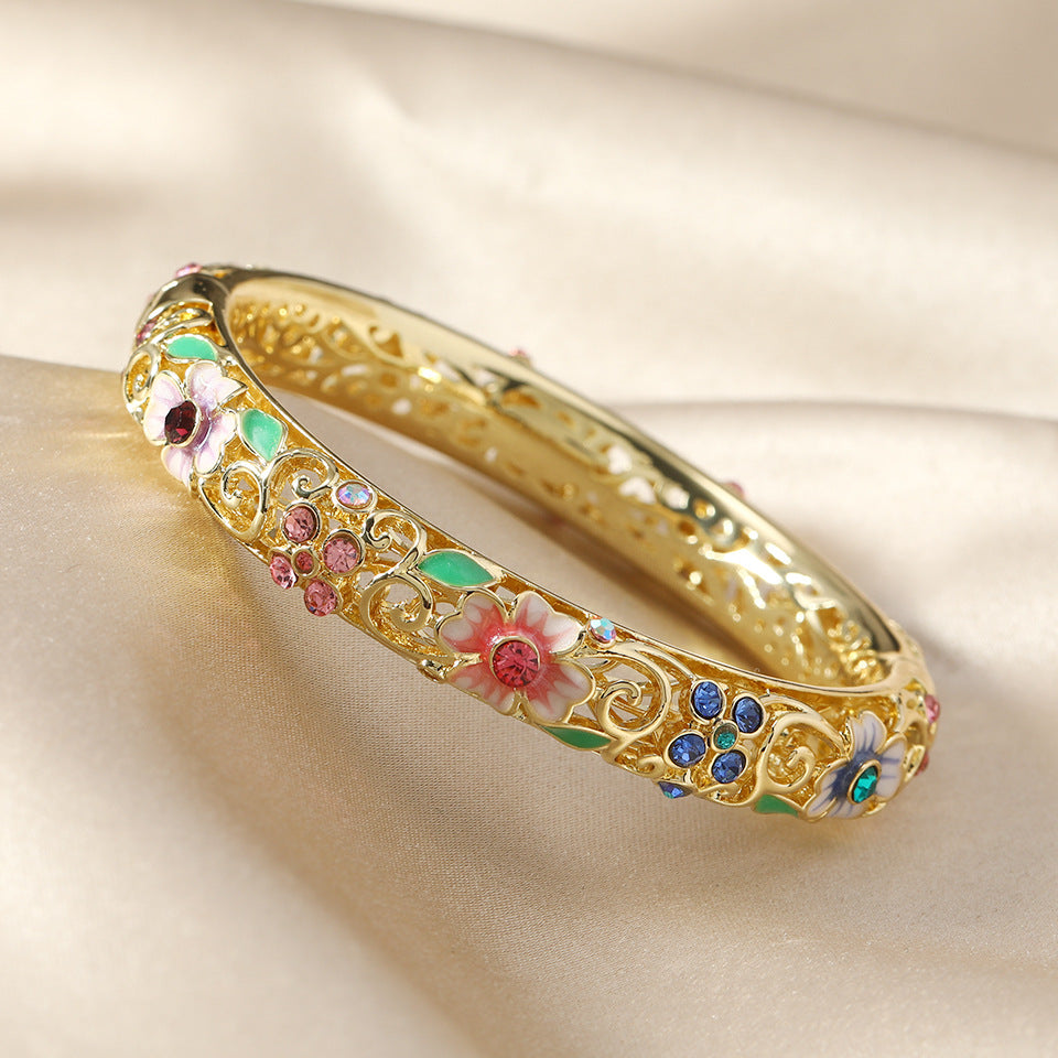 Floral Enamel Diamond-Accent Bangle Bracelet – 14k Gold-Plated