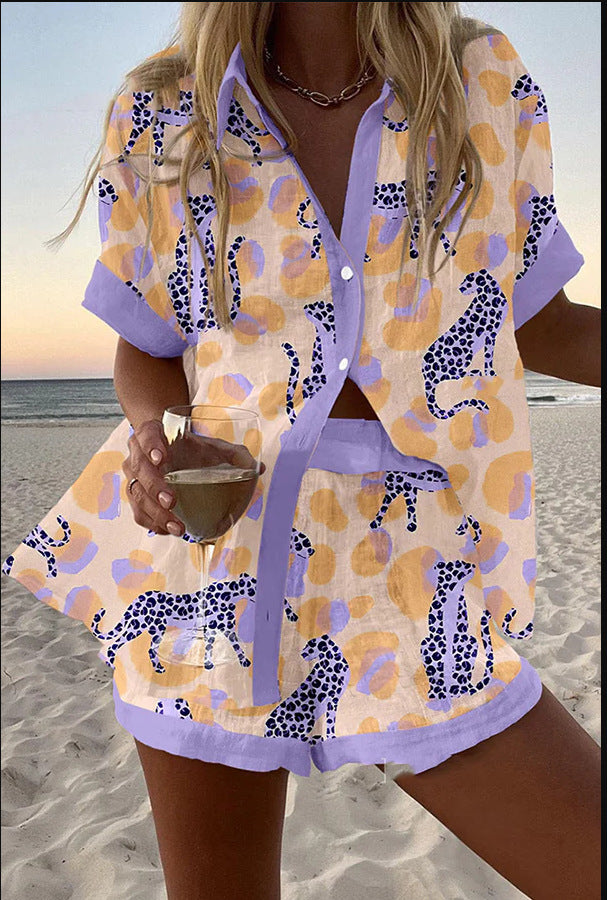 Women's Linen Leopard Print Two-Piece Set - Effortlessly Bold