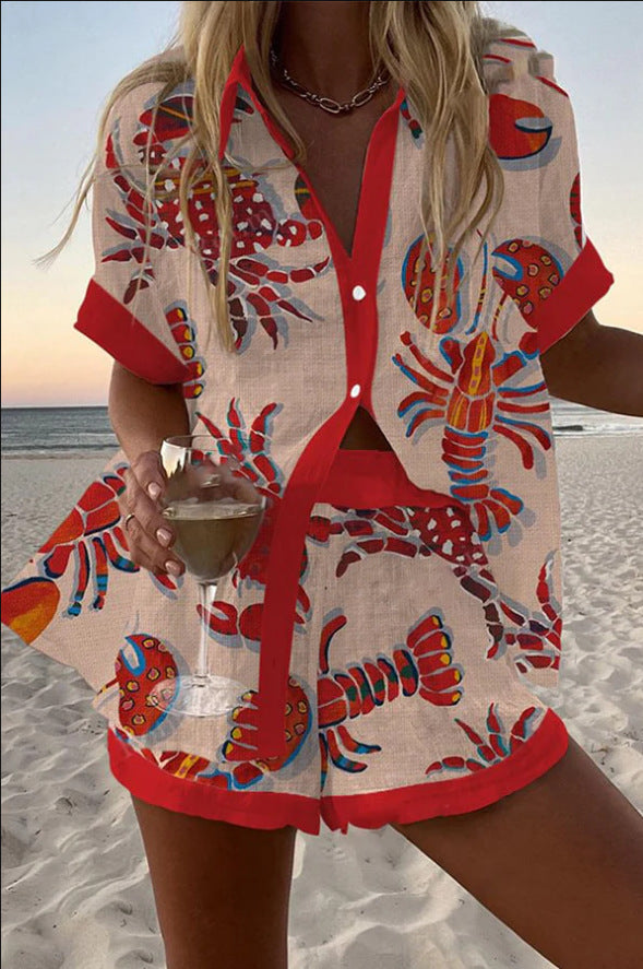 Women's Lobster Print Linen Two-Piece Set - Perfect for Sunny Days