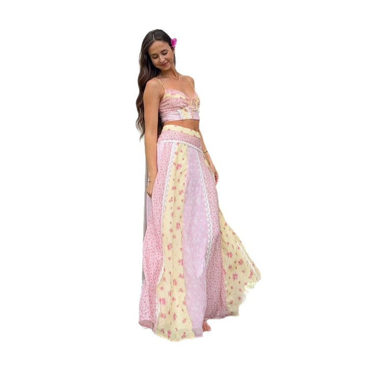 Floral Print Lace Cami Top and Midi Skirt Set Pastoral Vacation Outfit Spring Summer 2026