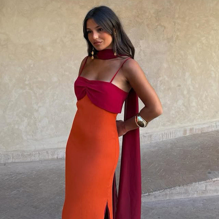 Scarf-neck halter bodycon maxi dress