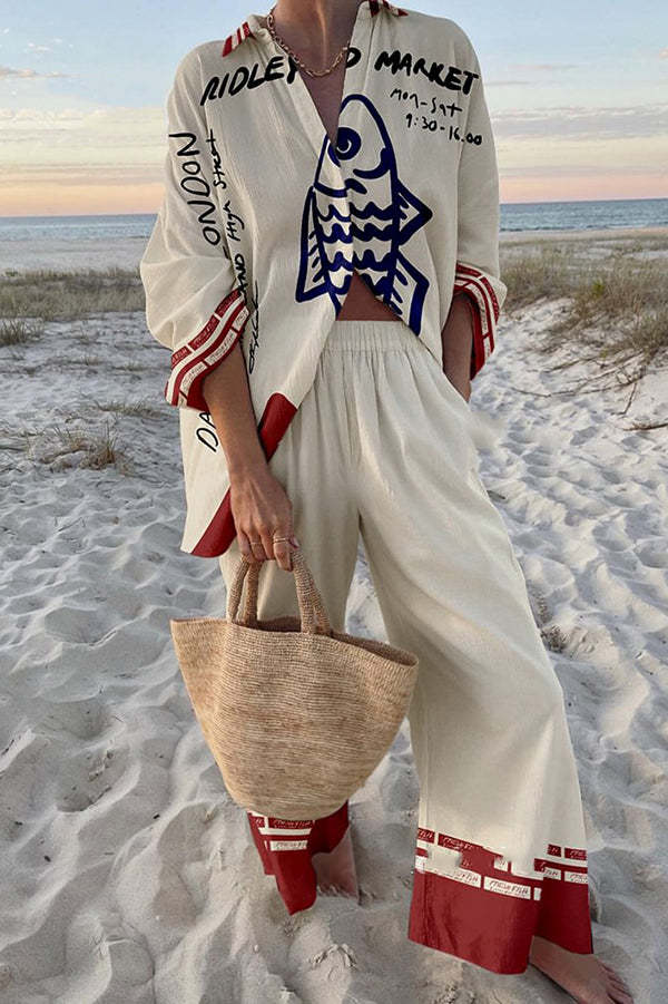 Women's Linen Blue Fish Print Two-Piece Set - Coastal Summer Style