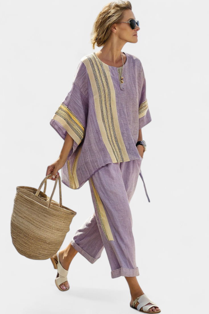 Women's Bamboo Linen Striped Two-Piece Set - Breezy Summer Style