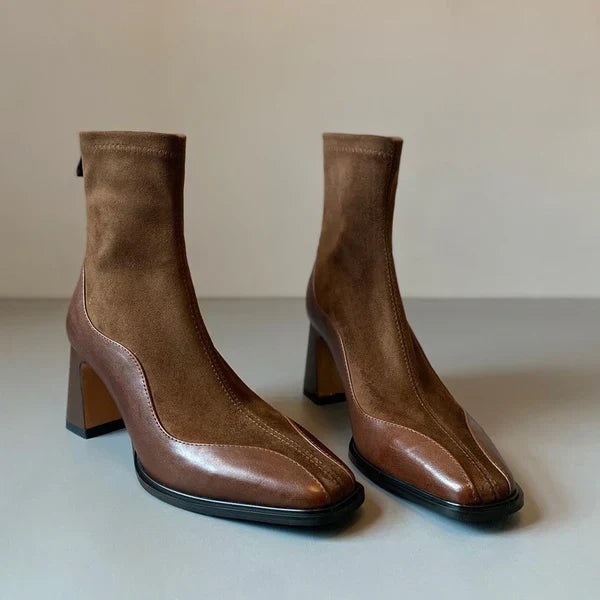 Women's Spliced Suede Boots - Structured Square Toe Block Heel