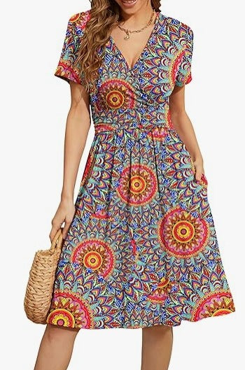 Women's V-Neck A-Line Midi Dress - Effortless Summer Style