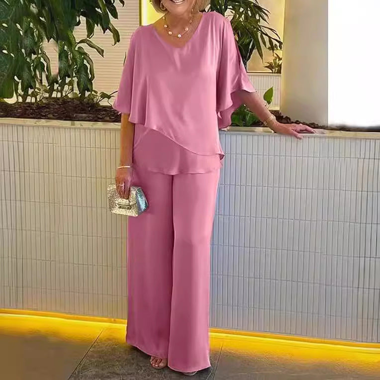 Women's Effortless Wide-Leg Two-Piece Set - Ideal for Hosting or