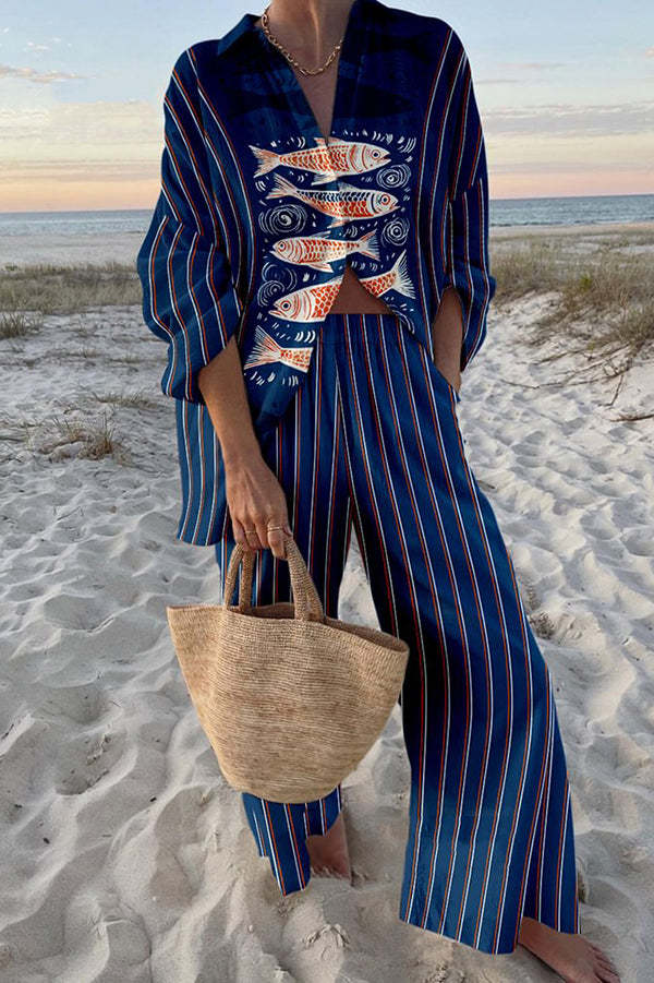 Women's Linen Set with Blue Koi Print - Breezy Summer