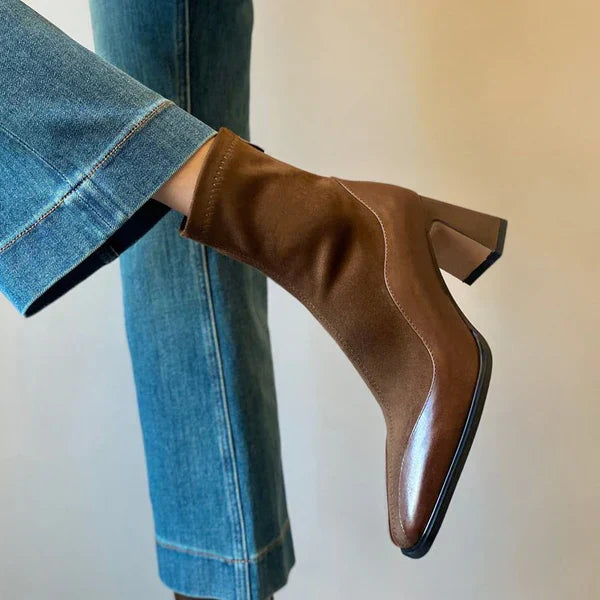 Women's Spliced Suede Boots - Structured Square Toe Block Heel