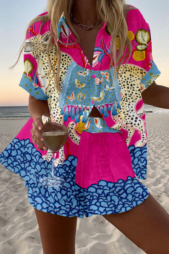 Women's Linen Butterfly Motif Short Two-Piece Set - Breezy Summer