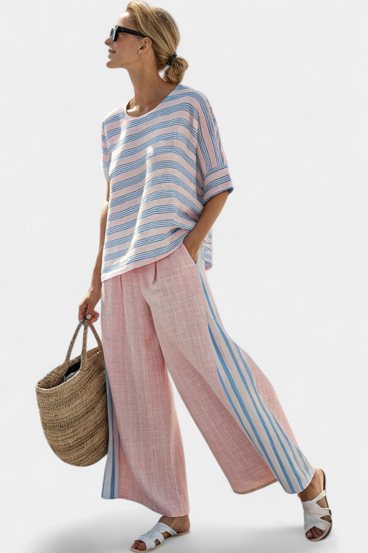 Women's Striped Linen Blouse & Pants Set - Breezy Summer Style