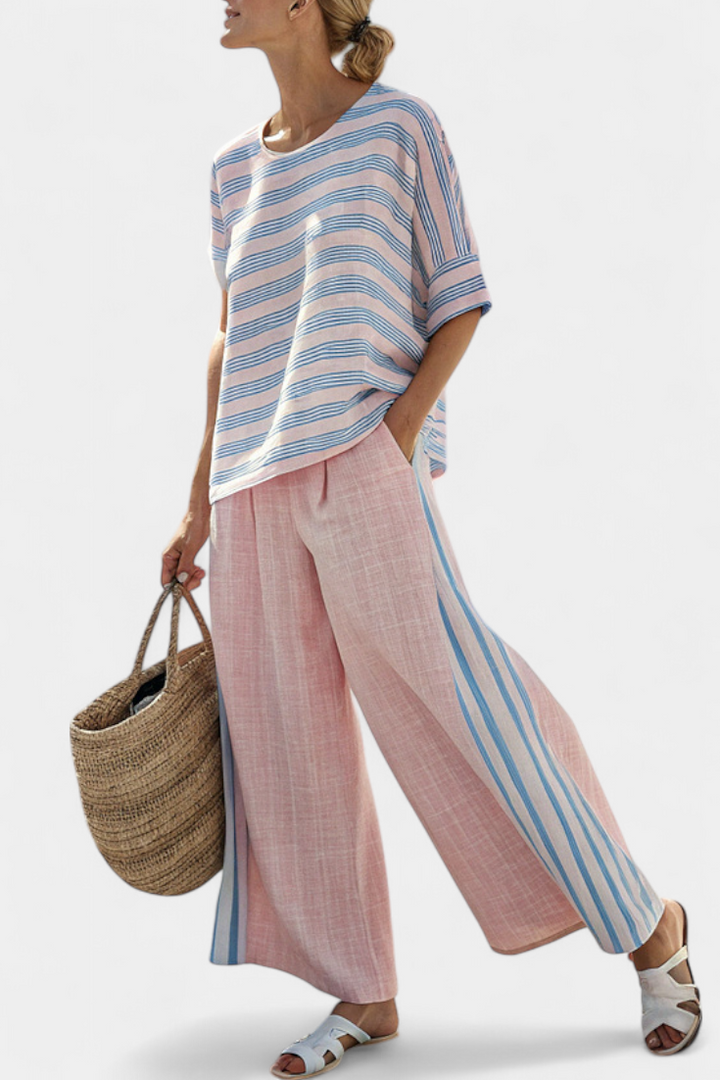 Women's Striped Linen Blouse & Pants Set - Breezy Summer Style