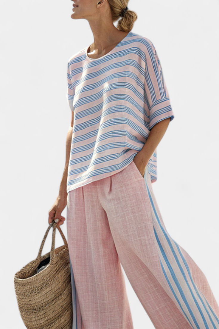 Women's Striped Linen Blouse & Pants Set - Breezy Summer Style