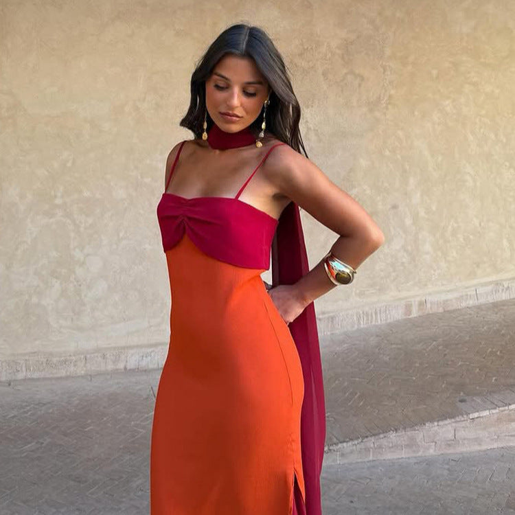 Scarf-neck halter bodycon maxi dress