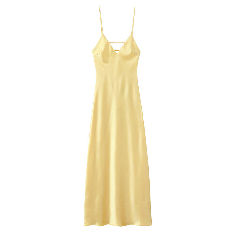 Yellow Satin Backless Sleeveless Midi Dress with Adjustable Straps | Resort Summer 2026