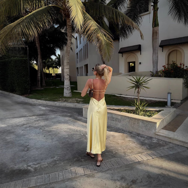 Yellow Satin Backless Sleeveless Midi Dress with Adjustable Straps | Resort Summer 2026
