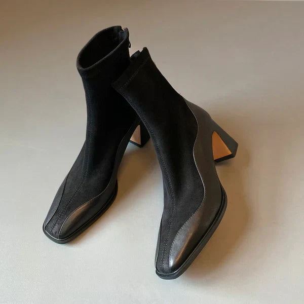 Women's Spliced Suede Boots - Structured Square Toe Block Heel