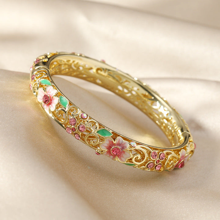Floral Enamel Diamond-Accent Bangle Bracelet – 14k Gold-Plated