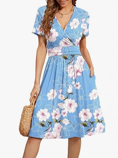 Women's V-Neck A-Line Midi Dress - Effortless Summer Style