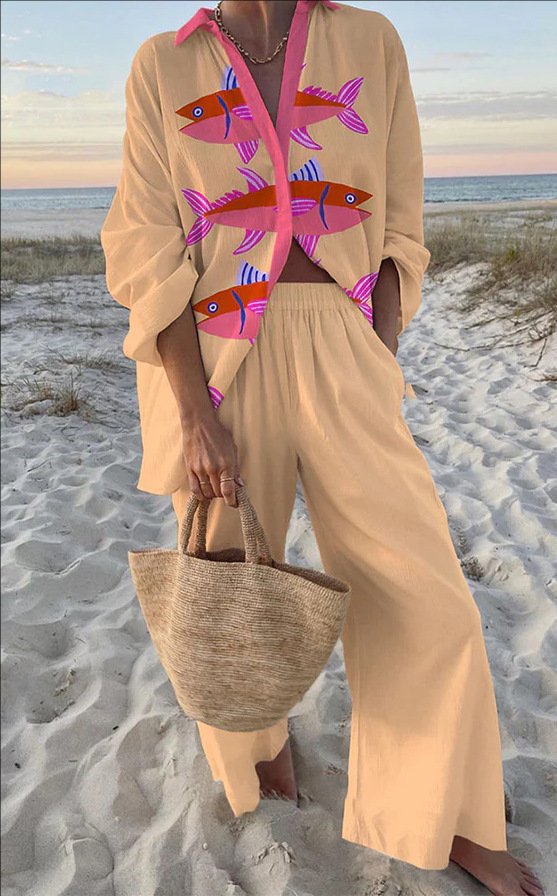 Women's Colette Linen Two-Piece Set with Pink Fish Print