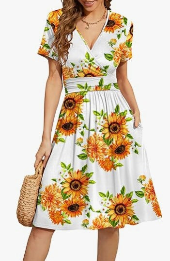 Women's V-Neck A-Line Midi Dress - Effortless Summer Elegance