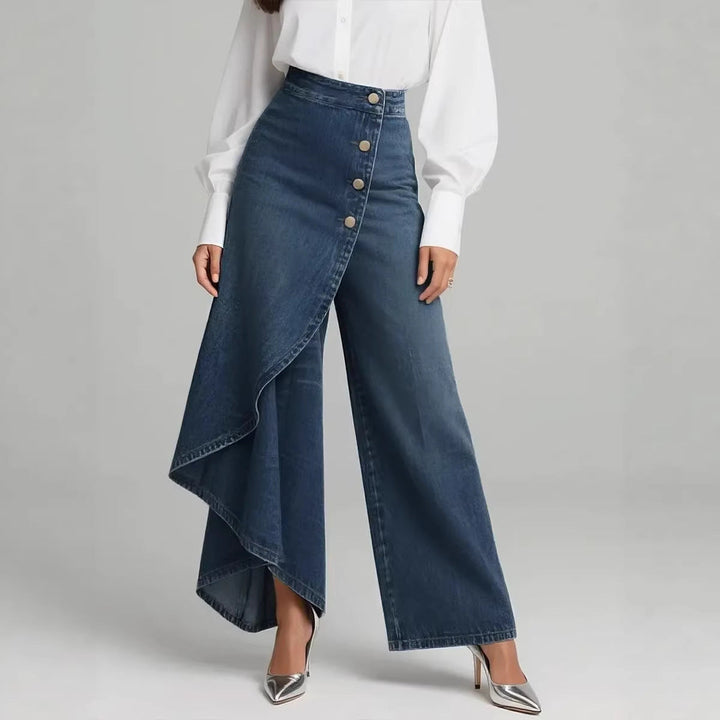 Women's High-Waisted Denim Jeans with Asymmetrical Ruffled Hem
