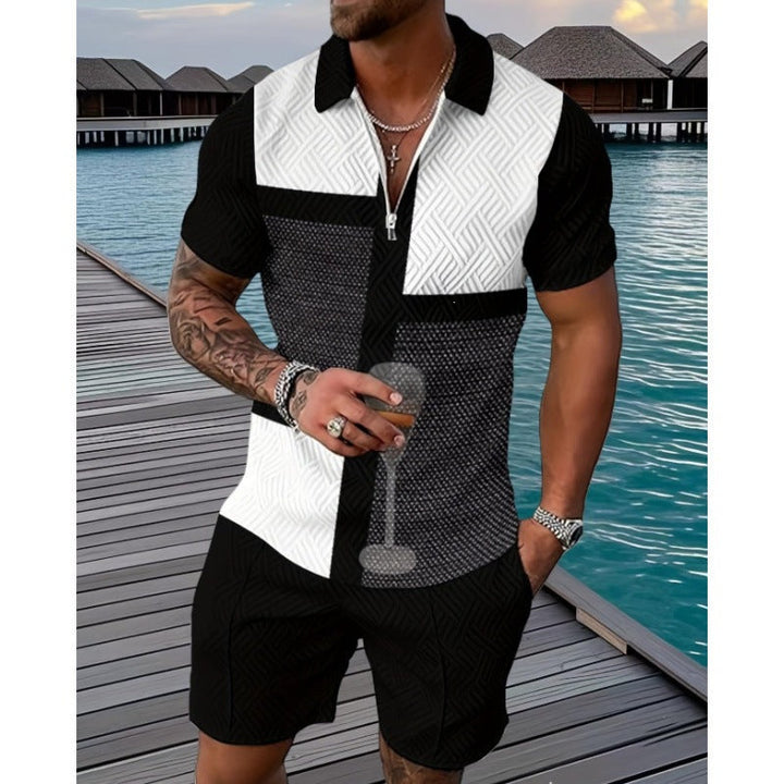 Men's Colour-Block Textured Polo & Shorts Set