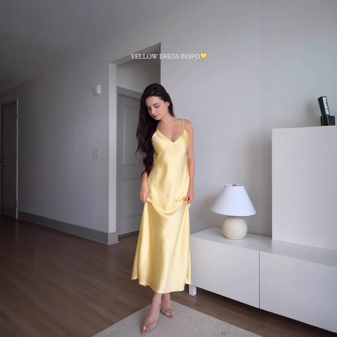 Yellow Satin Backless Sleeveless Midi Dress with Adjustable Straps | Resort Summer 2026