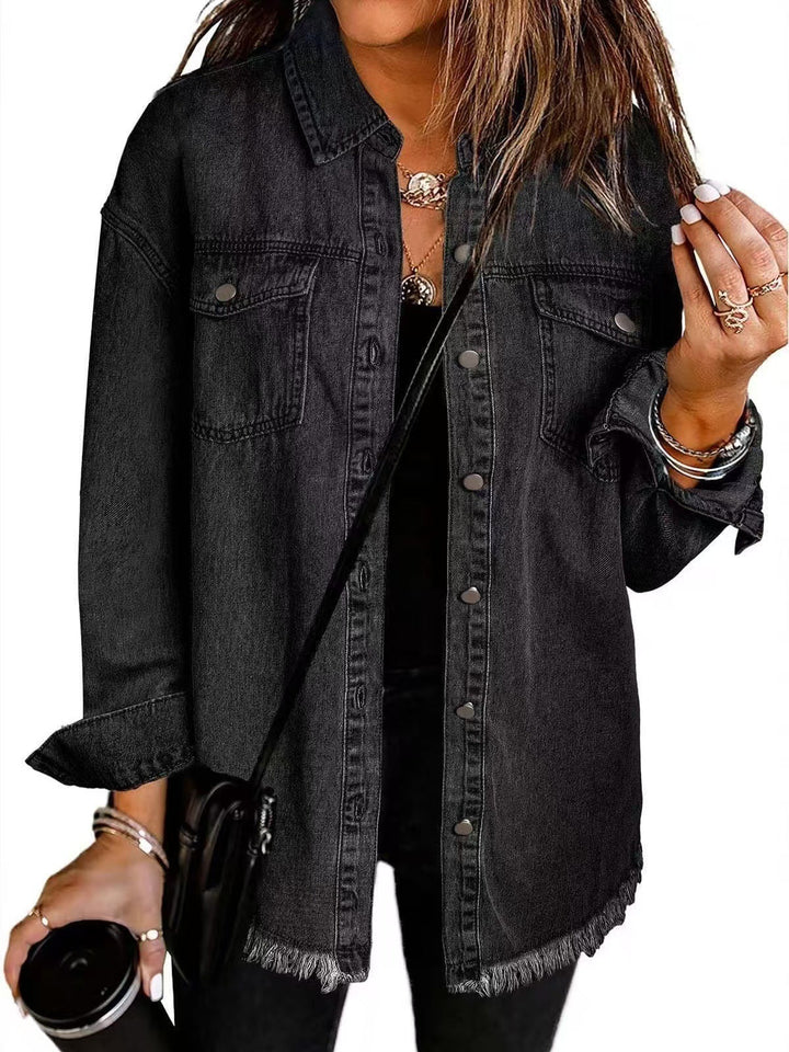 Women's Frayed Hem Button-Down Shirt Jacket - Versatile Layering