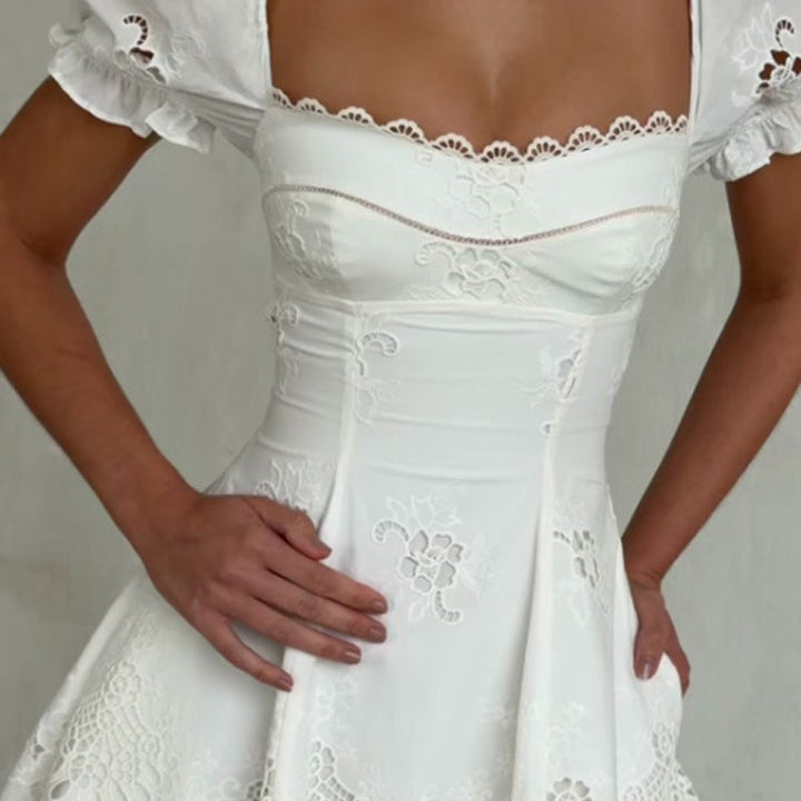 Women's Square Neck Lace Puff Sleeve A-Line High Waist Solid Color Short Dress 2026 Spring