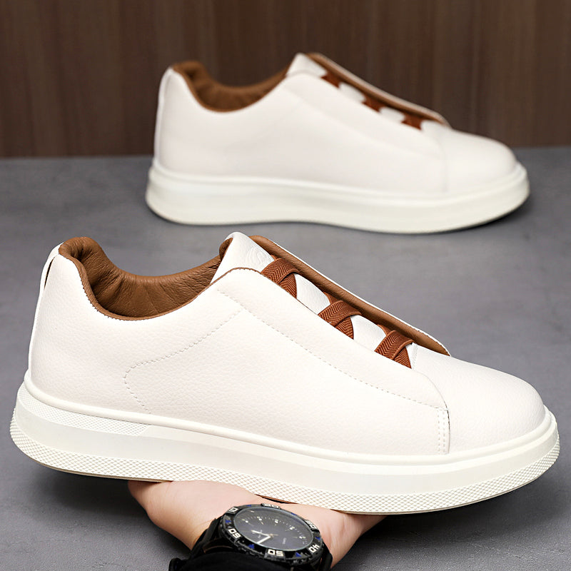 Men's Leather Slip-On Trainers – Elastic Lace Casual Sneakers
