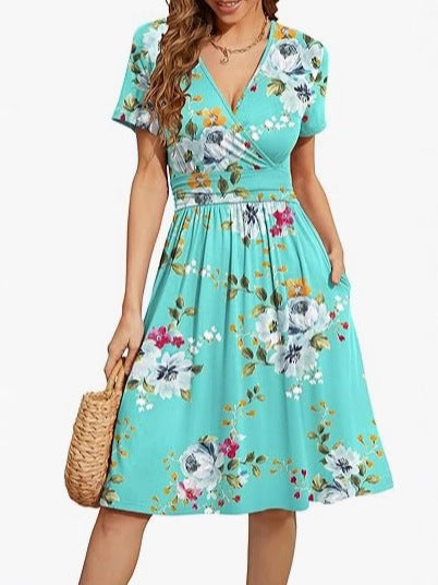 Women's V-Neck A-Line Midi Dress - Effortless Summer Elegance