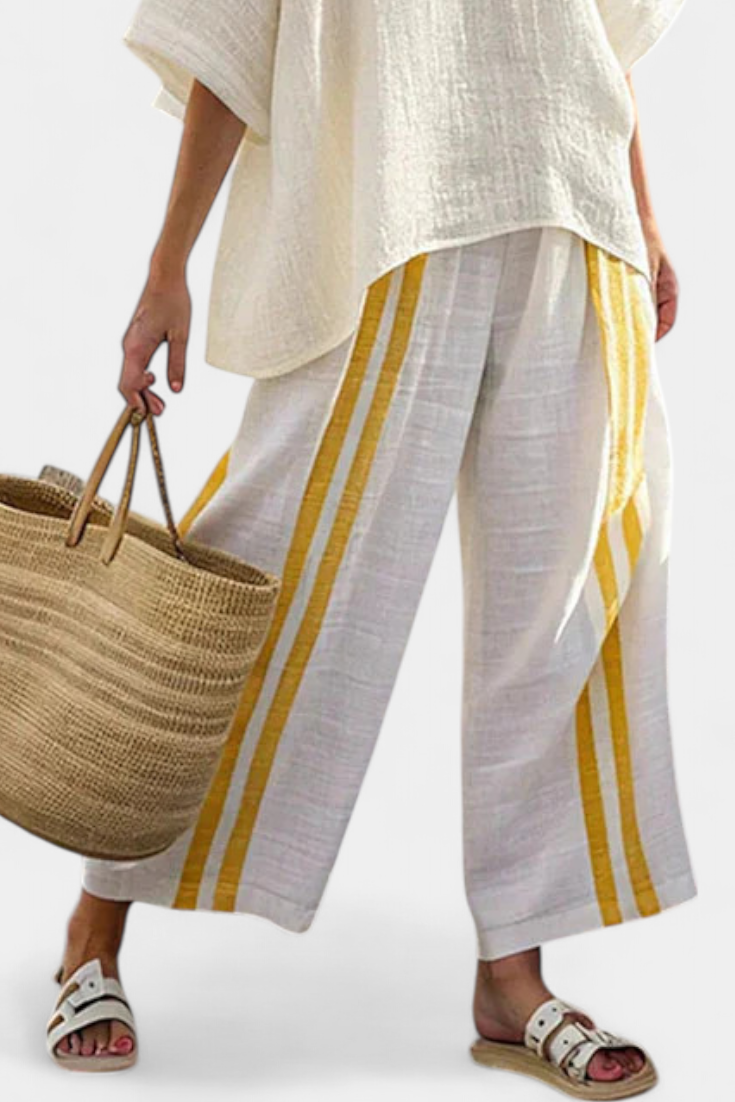Women's Yellow Striped Linen Two-Piece Set - Summer Look