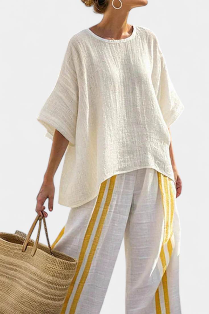 Women's Yellow Striped Linen Two-Piece Set - Summer Look