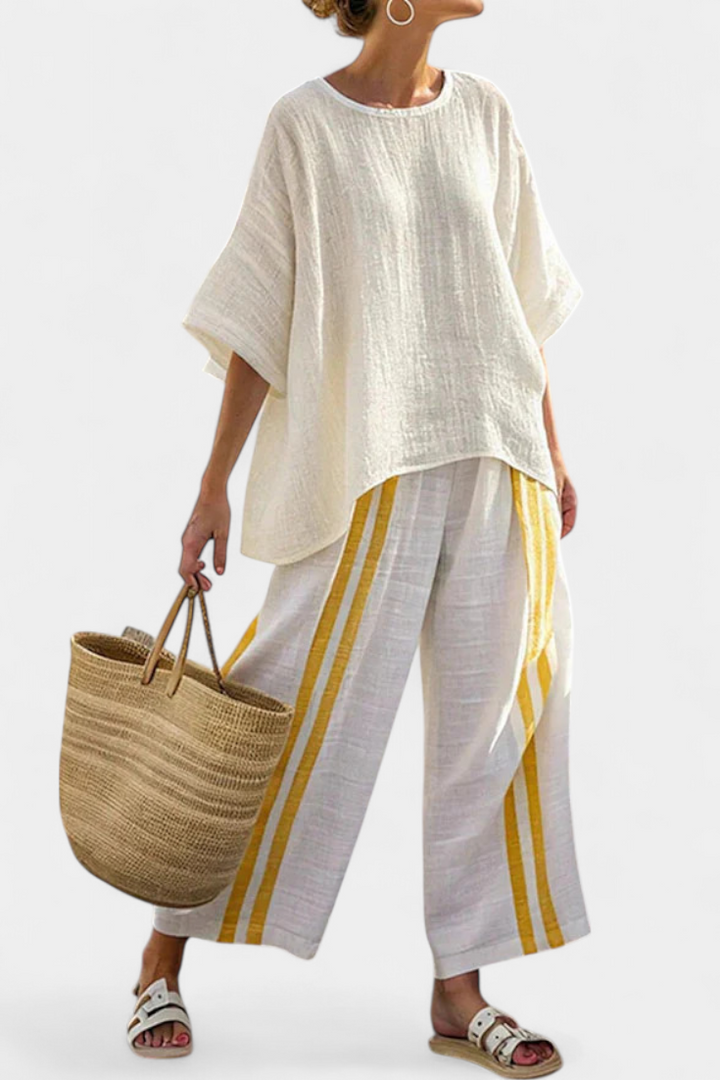 Women's Yellow Striped Linen Two-Piece Set - Summer Look