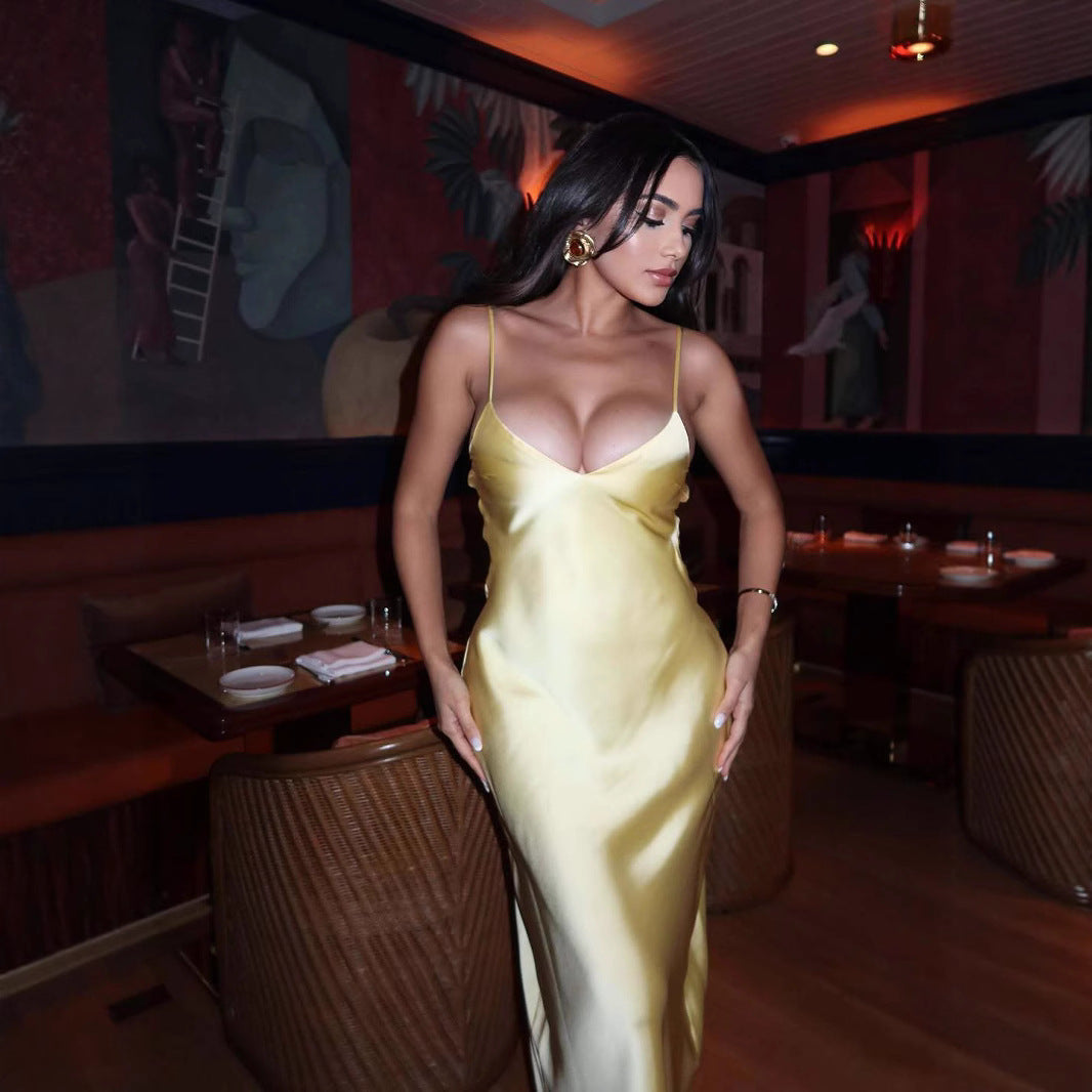 Yellow Satin Backless Sleeveless Midi Dress with Adjustable Straps | Resort Summer 2026
