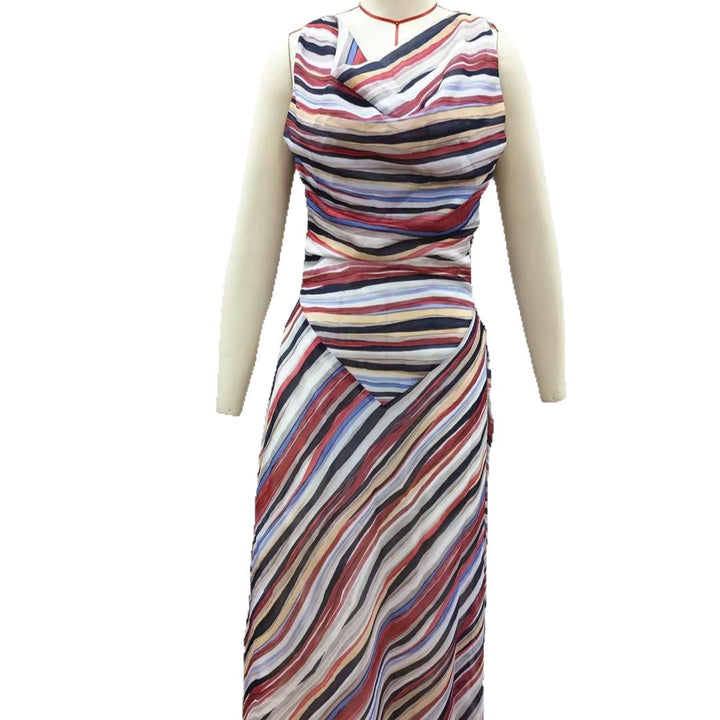 Bohemian Striped One-Shoulder Fitted Maxi Dress High-Waist Sleeveless Asymmetric Hem Summer Resort