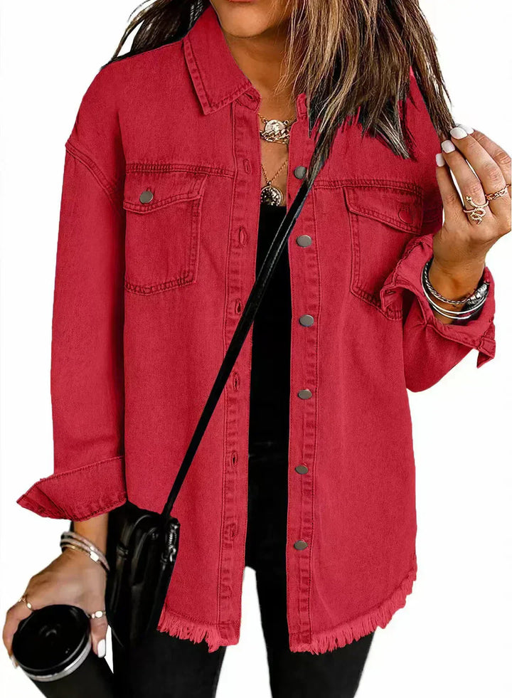 Women's Frayed Hem Button-Down Shirt Jacket - Versatile Layering