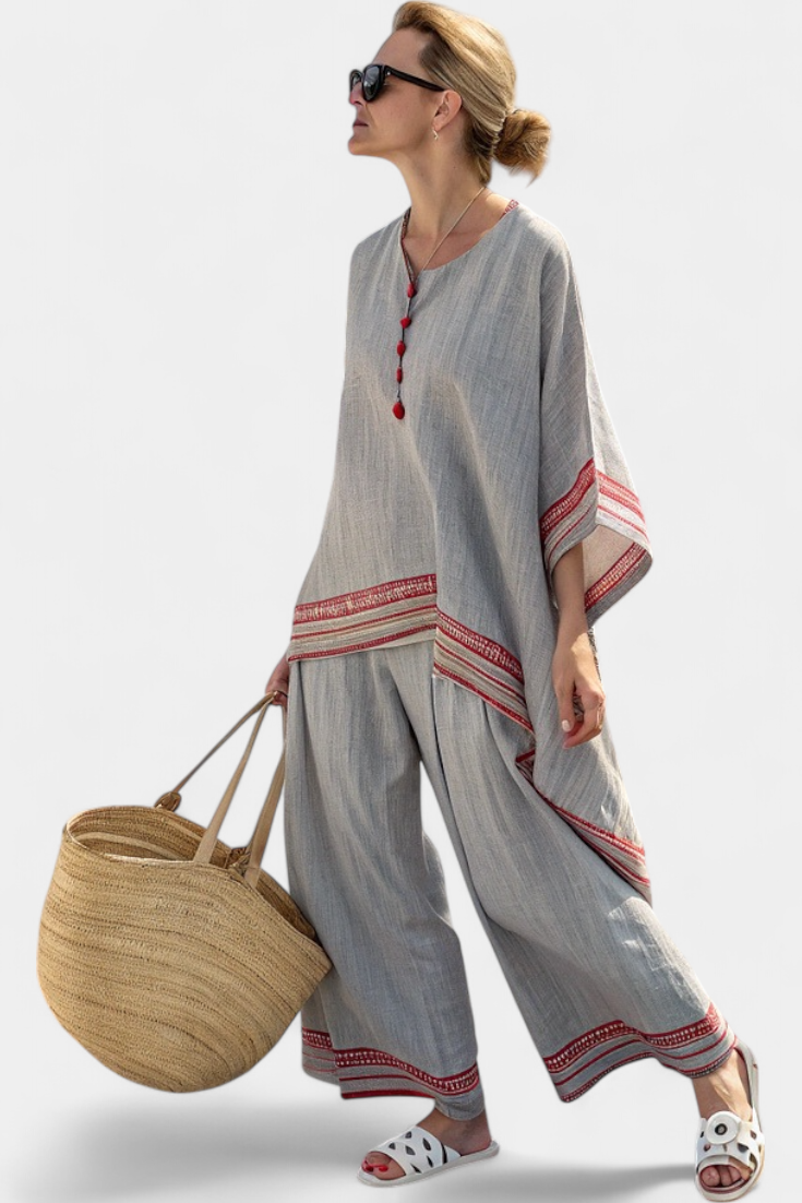 Women's Embroidered Asymmetrical Blouse & Wide-Leg Pants Set