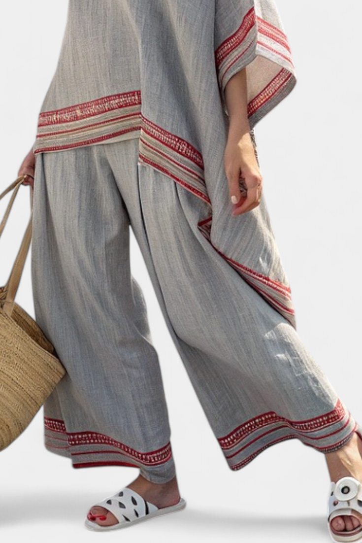 Women's Embroidered Asymmetrical Blouse & Wide-Leg Pants Set