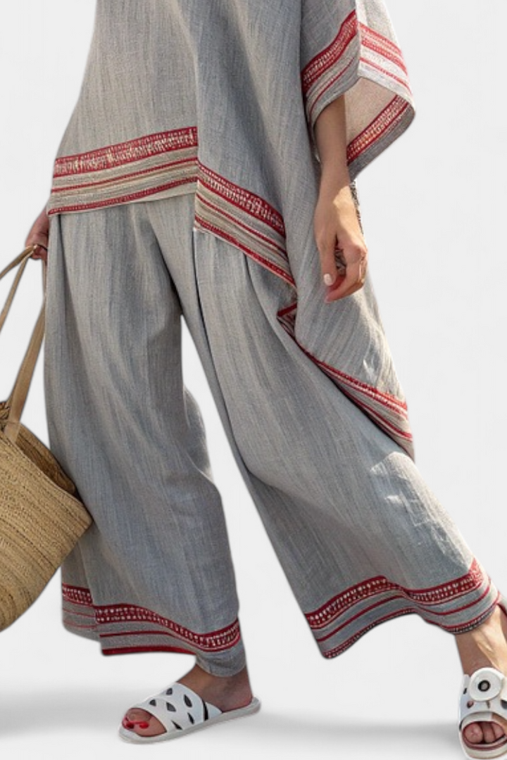 Women's Embroidered Asymmetrical Blouse & Wide-Leg Pants Set