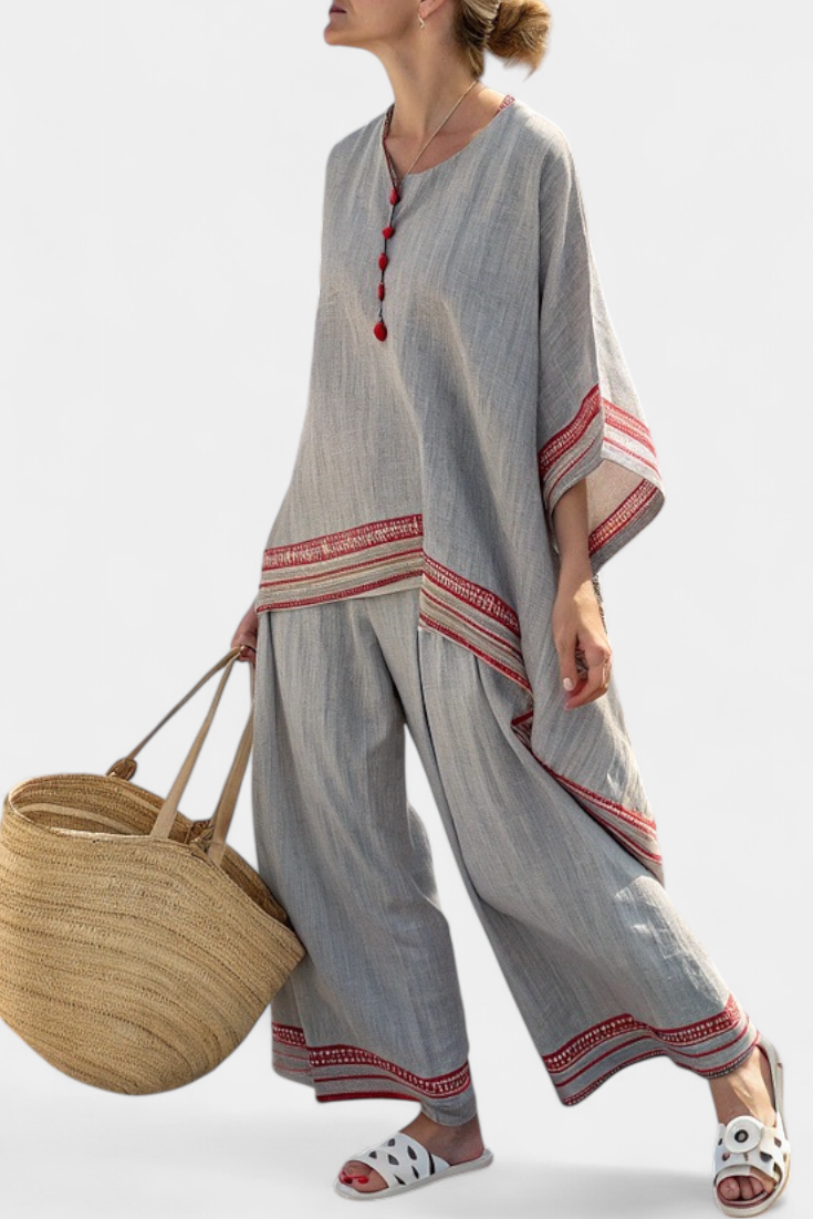 Women's Embroidered Asymmetrical Blouse & Wide-Leg Pants Set