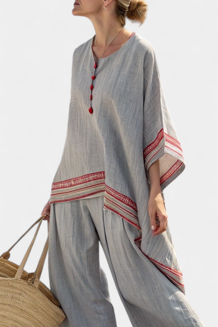 Women's Embroidered Asymmetrical Blouse & Wide-Leg Pants Set